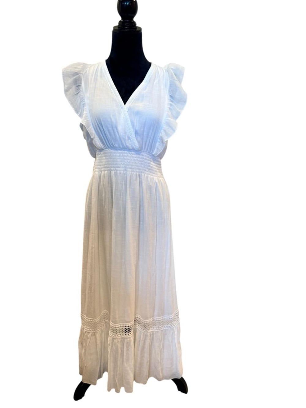 J Gee White Midi Maxi Graduation Dress Smocked Waist Flutter Sleeves Size Large - Picture 1 of 8